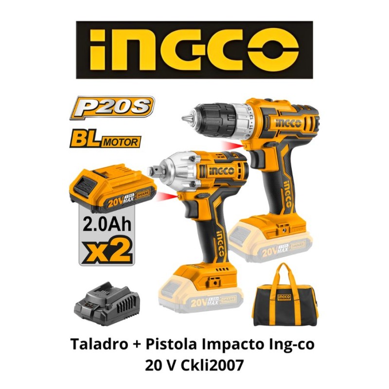 TALADRO + PISTOLA IMPACTO INGCO 20 V CKLI2007