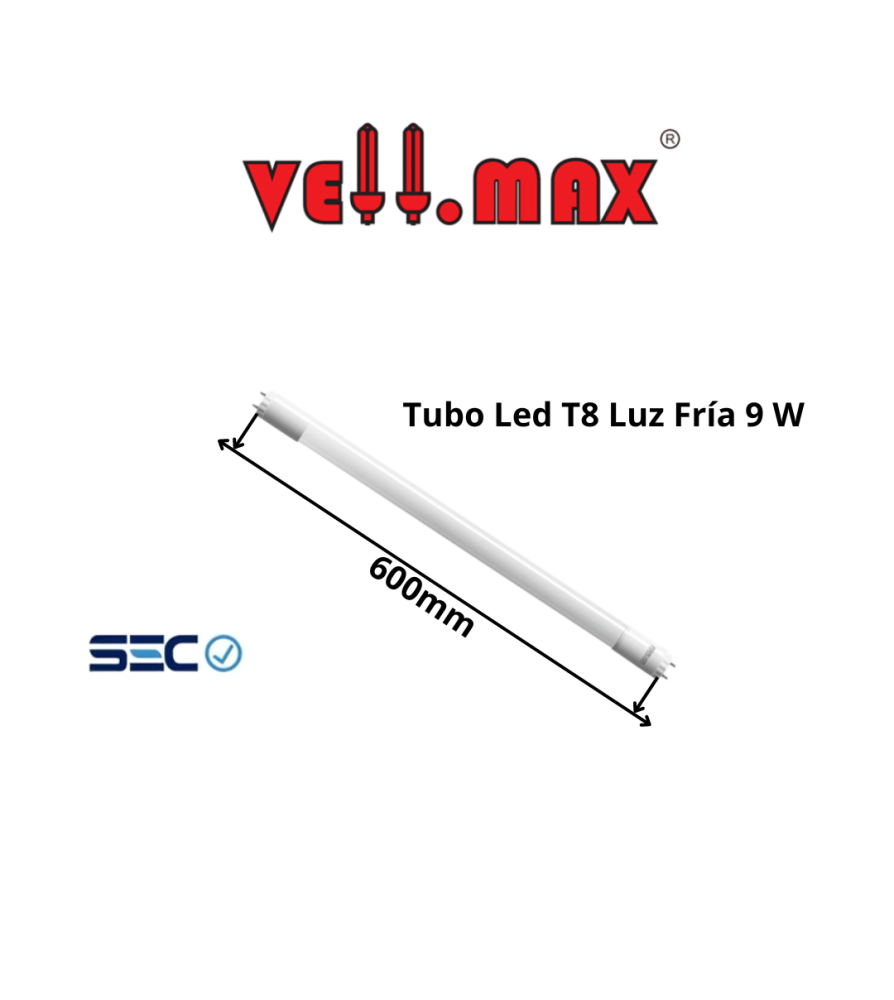 Tubo Led Vellmax Luz Fria 9 W Tubo Vidrio Chico