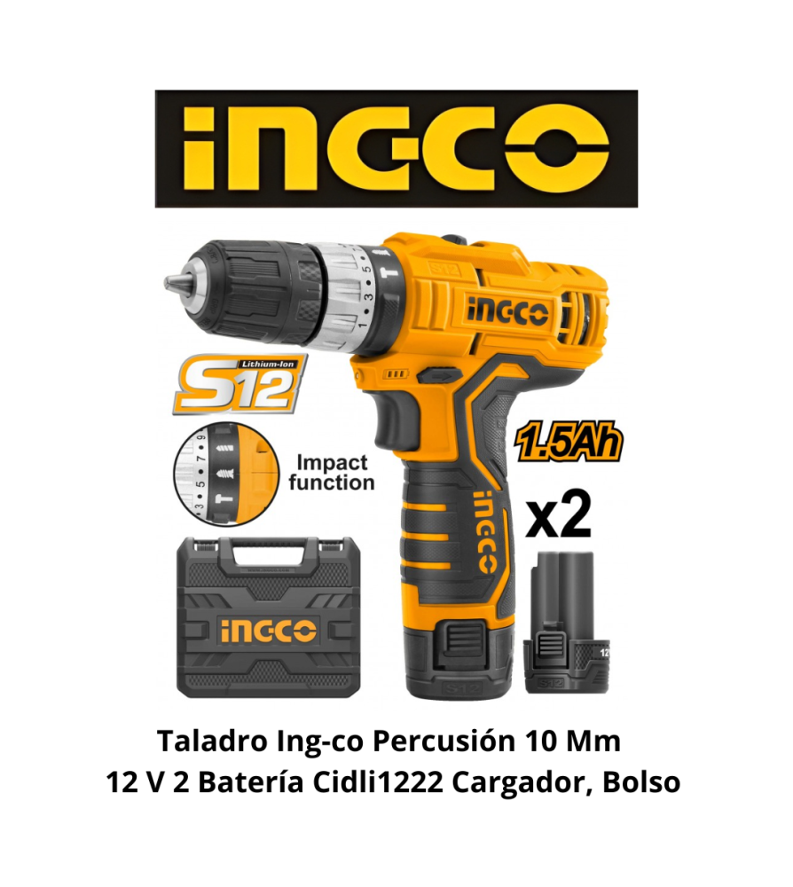 Taladro Ingco Percusion 10 Mm 12 V 2 Bater Cidli1