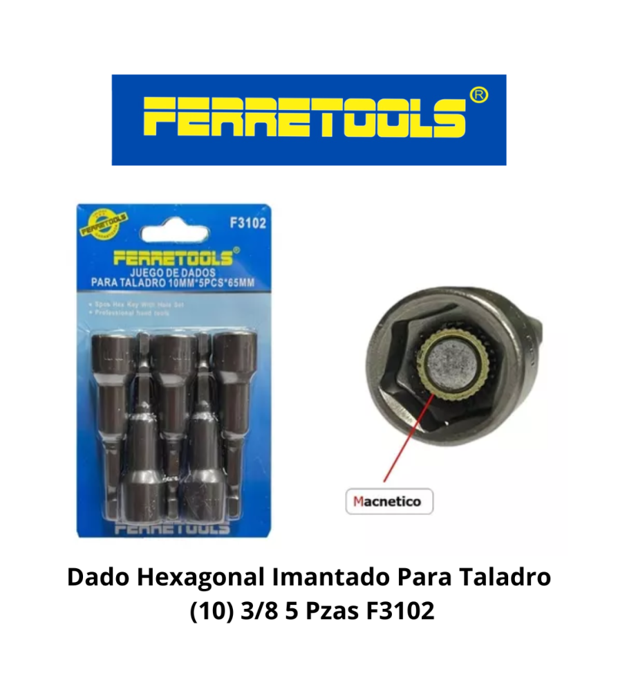 Dado Hexagonal Imantado Para Taladro (10) 3/8 5 Pz