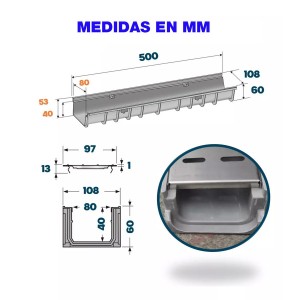 CANALETA PISO TERMOPLASTICA REJILLA ACERO 500X110X