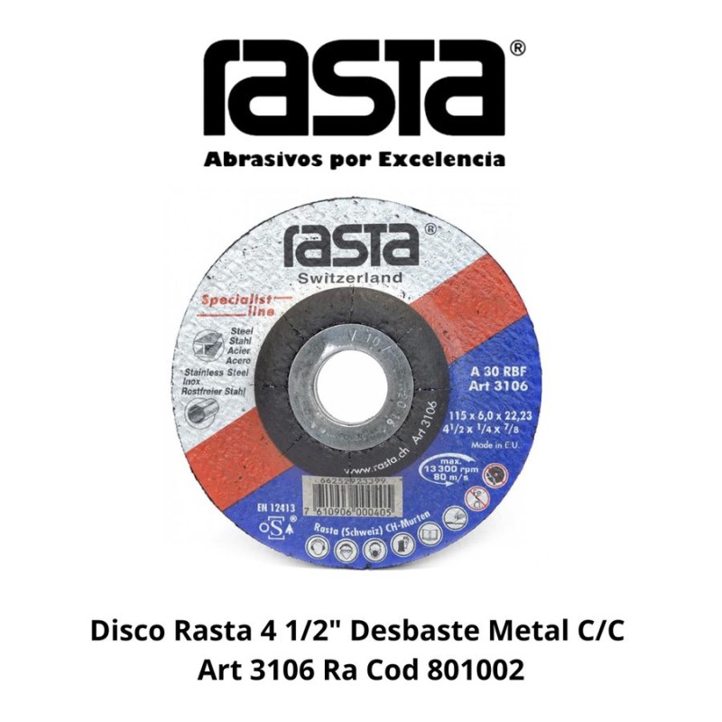 DISCO RASTA 4 1/2" DESBASTE METAL C/C ART 3106 RA