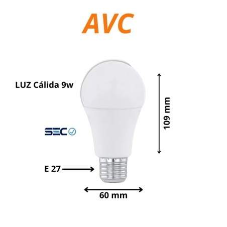 AMPOLLETA LED AVC LUZ CALIDA 9 W 3000K E-27